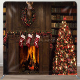 Aperturee - Aperturee Fireplace Bookshelf Christmas Pillow Case Backdrop
